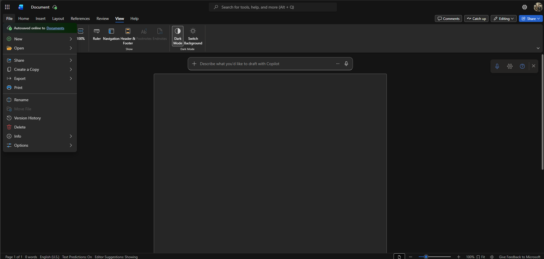 Word Online File menu showing Open, Create a Copy, Print, Version History, and Details
