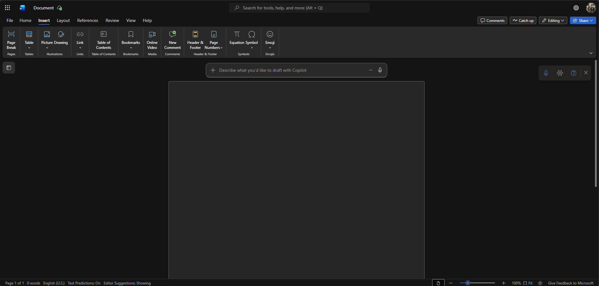 Word Online Insert tab ribbon