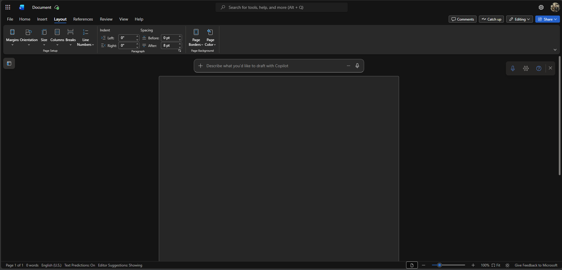 Word Online Layout tab ribbon