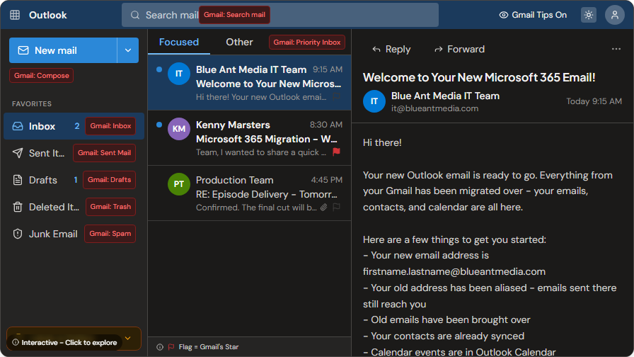 Outlook Appearance settings showing dark mode, themes, and navigation bar options
