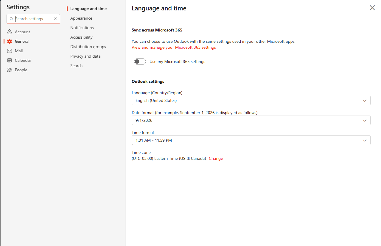 Outlook language, date format, and time zone settings
