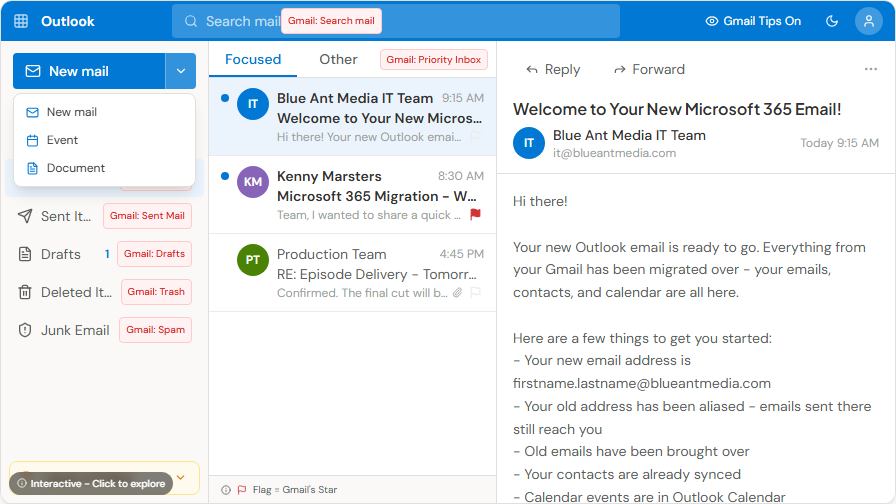 New mail dropdown showing Mail, Event, and more options