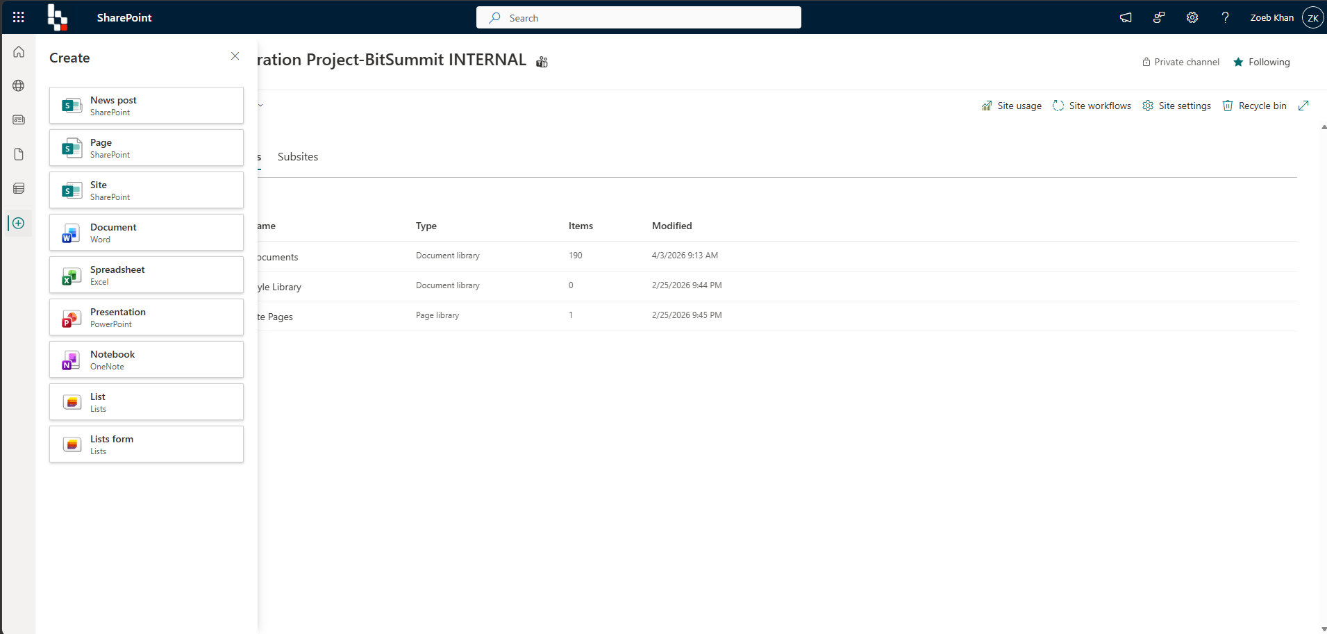 SharePoint Create menu showing News post, Page, Document library, List, and more