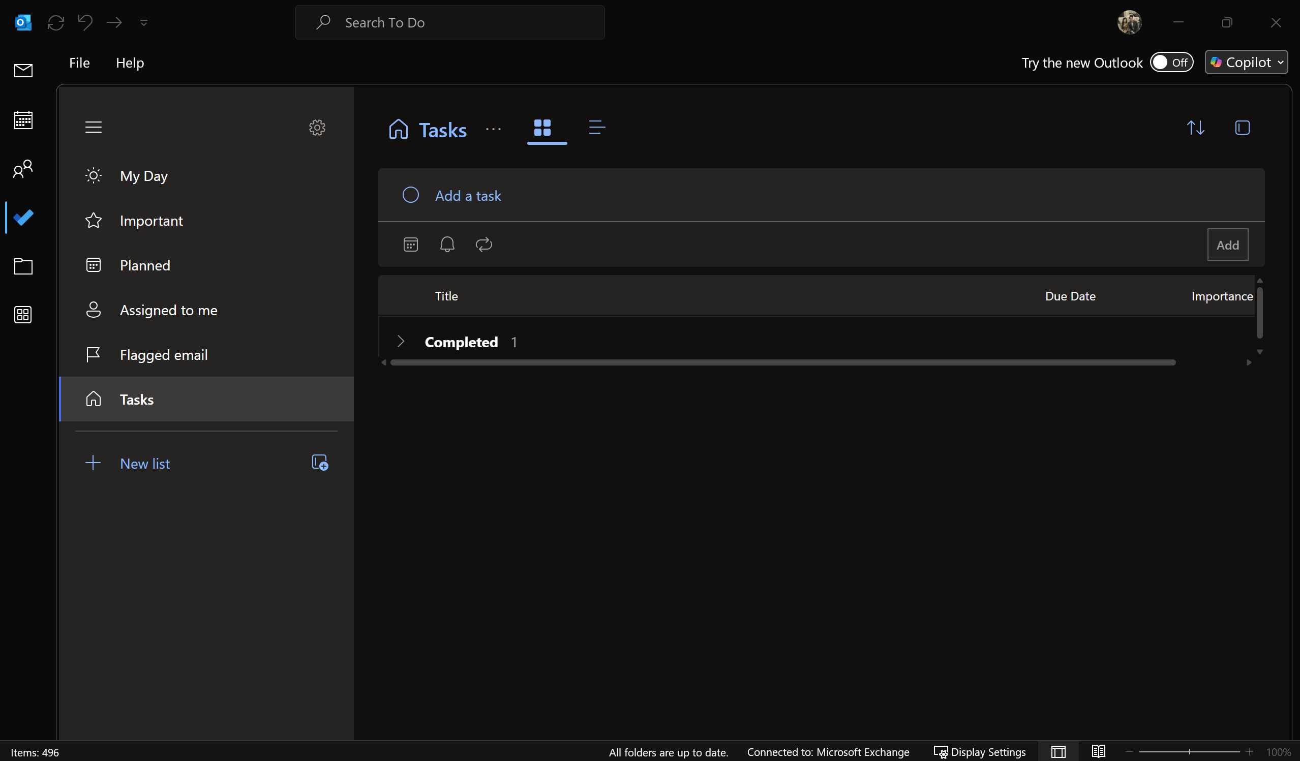 Outlook Tasks view showing My Day, Important, Planned, and custom lists