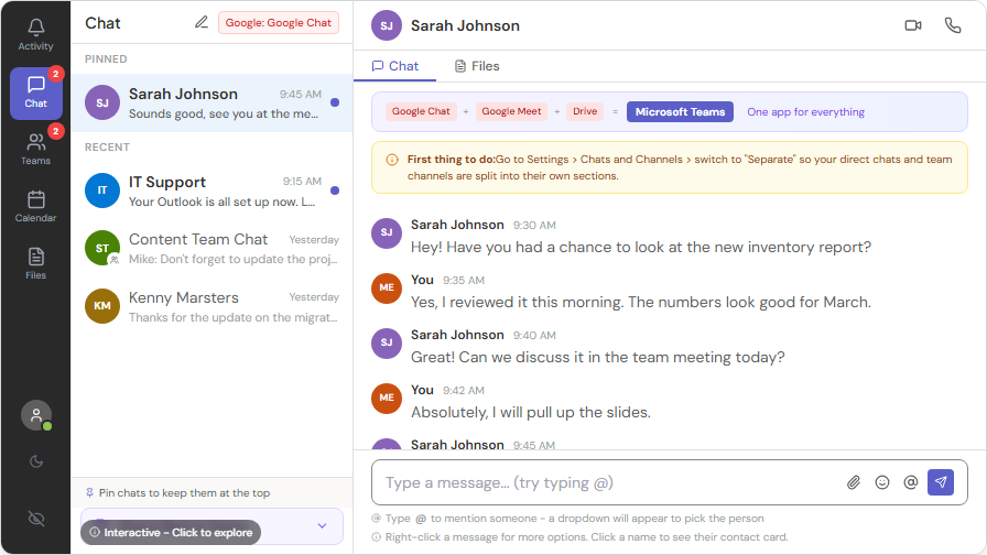 Teams Chat view showing the sidebar, conversation, and message input